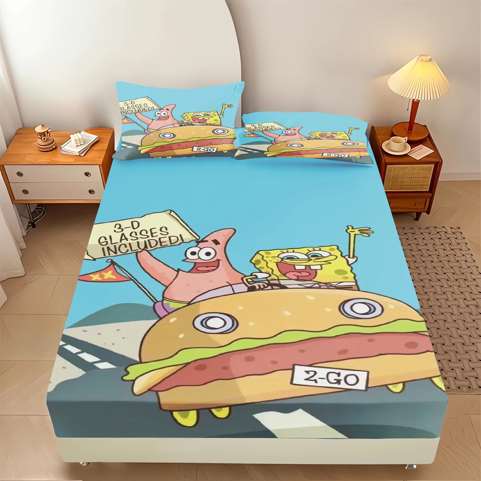 SpongeBob SquarePants Fitted Sheet Set Patrick Star Fruit Grapefruit Bubble Print Pink Base Cartoon Kids Bed Sheet view 2
