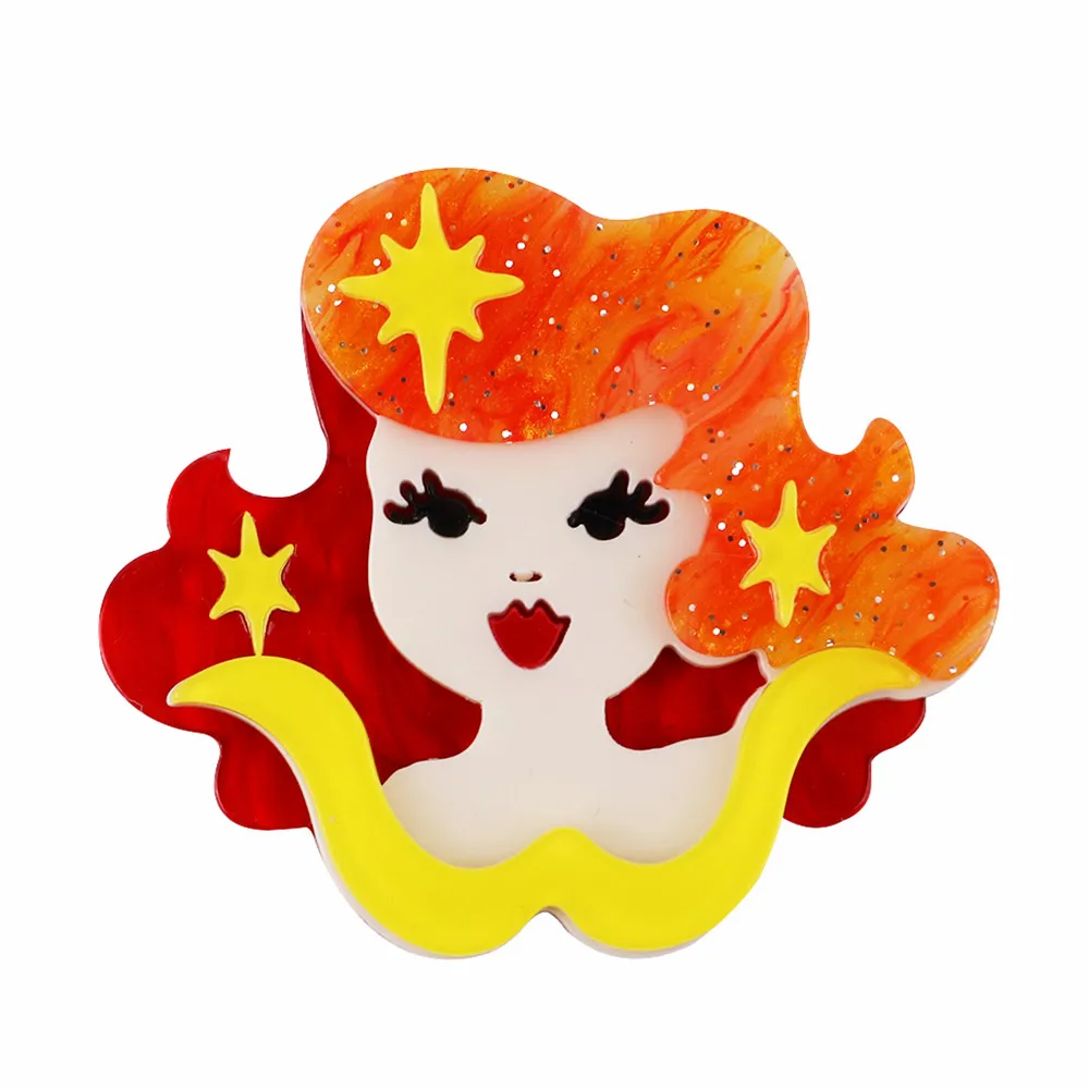 New Design Stars Glitter Shiny Yellow Hair Lady Acrylic Brooches Pins For Women Resin Brooch Figure Lapel Pins Fashion Jewelry