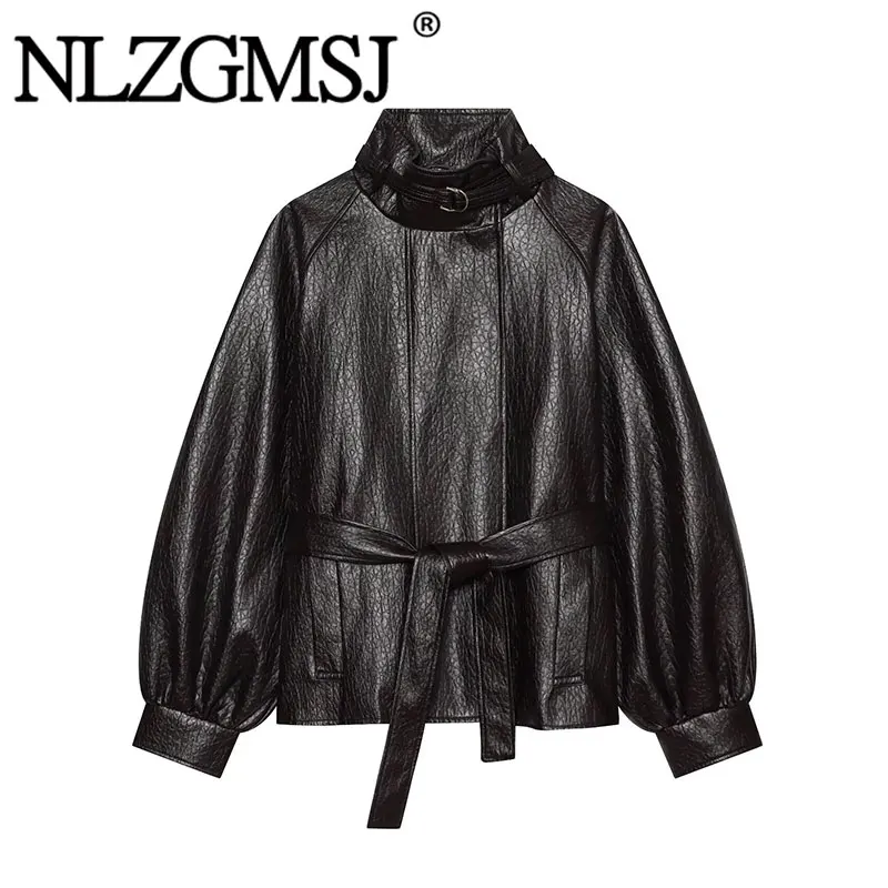 Nlzgmsj 2026 Autumn Women Elegant Stand Collar Faux Leather Jacket Loose Lantern Sleeve With Waist Belt  Ladies Outerwear
