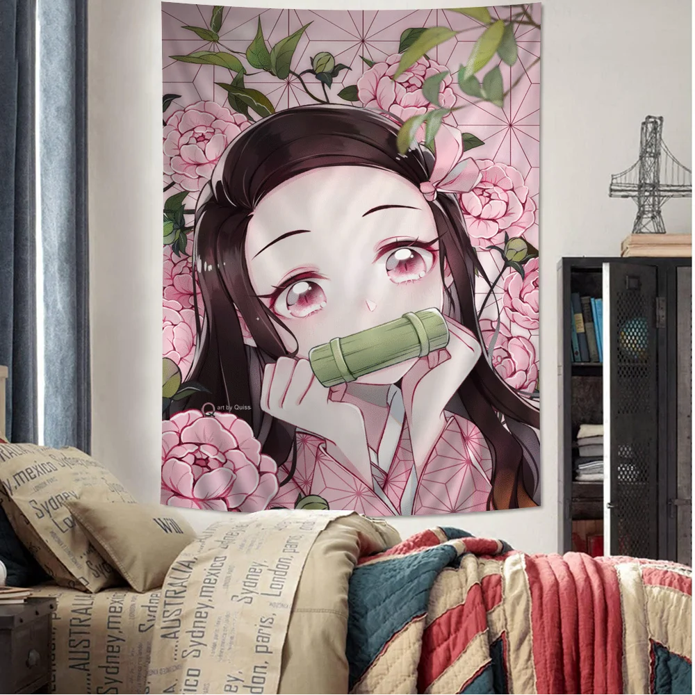 Demon Slayer Nezuko Kamado Hippie Wall Hanging Tapestries Art Science Fiction Room Home Decor Kawaii Room Decor