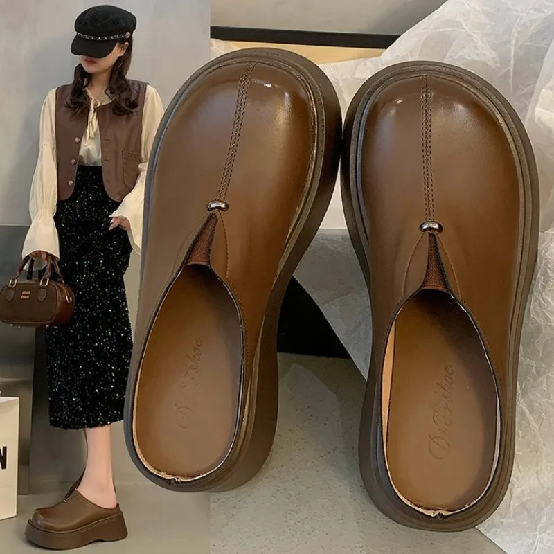 

New Fashion Flats Leather Flat Shoes Woman Cozy Loers Female Casual Low Heels Ladies Muller Shoes Spring Ballet Flat Shoes Wom