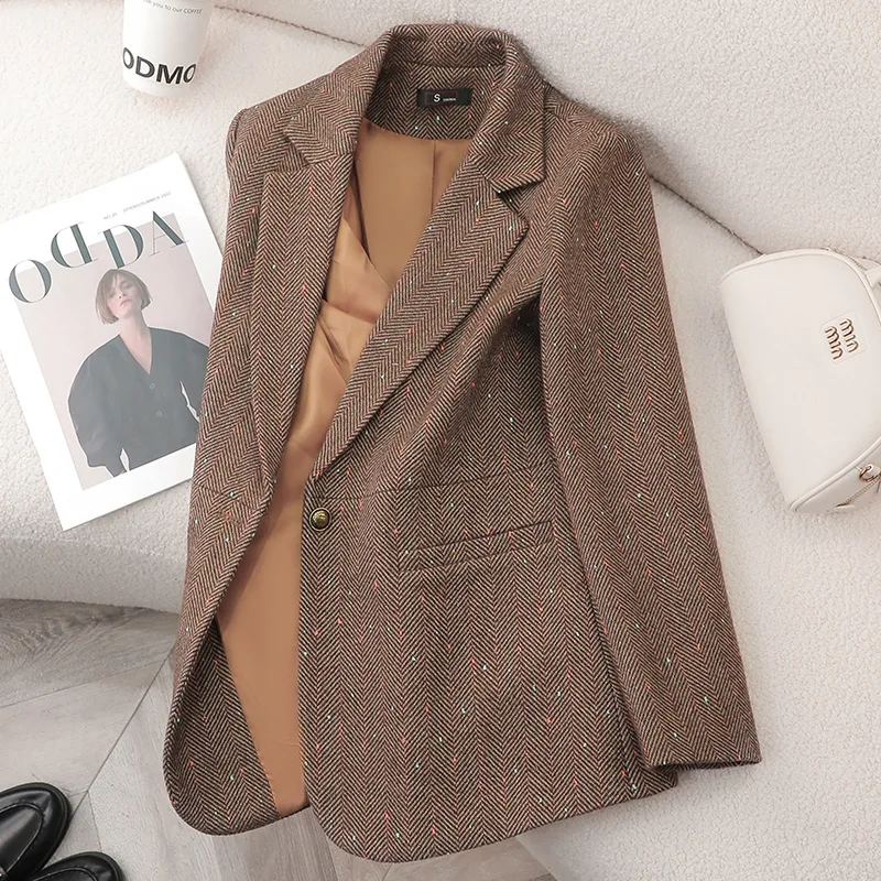 2025 Autumn Woolen Jacket Women Winter New Coats Long Sleeve Notched Single Button Blazers Feminino Vintage Thick Outerwears