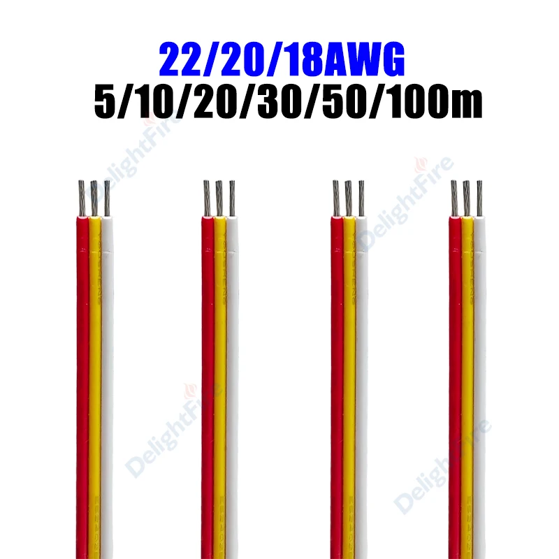 Cabo de extensão LED 3PIN, cobre estanhado 18/20/22AWG 5/10/20/30/50/100m, fios elétricos para fitas de LED 5050 3528 WS2811