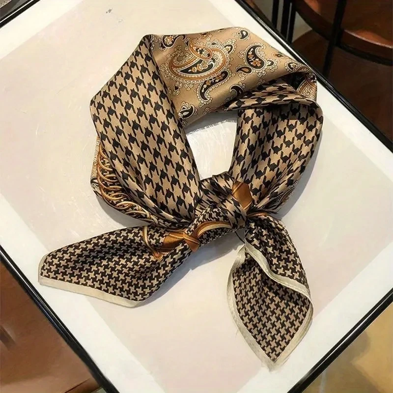 Luxury Paisley Houndstooth Printed Square Scarf Coffee Color Thin Smooth Neck Scarf Vintage Style Sunscreen Headscarf For Women