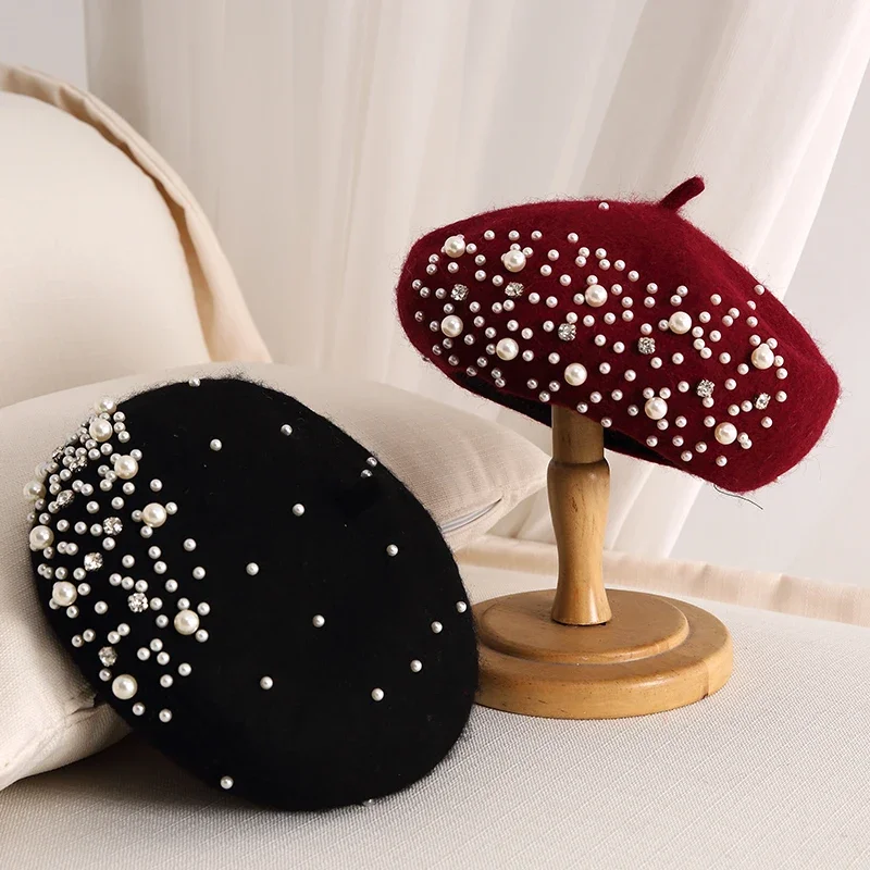 2024 Winter Wool Beret with Rhinestone Pearls Beads Female Elegant Cap Autumn Spring Hat Women Solid Color French Style Cap