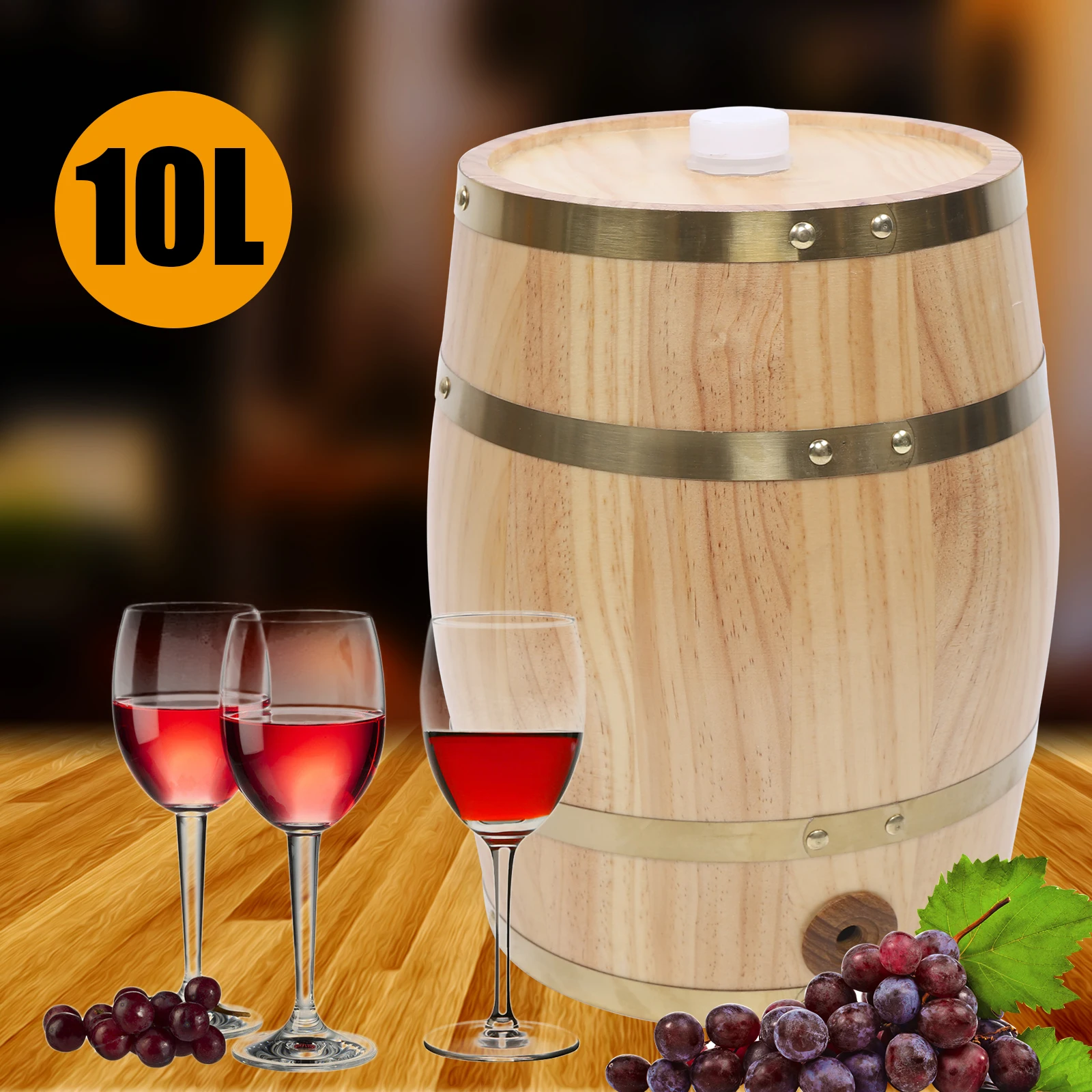 10L Wooden Wine Barrel with Faucet Oak Aging Barrel Rum Liquor Brandy Whiskey Beer Dispenser Beverage Storage Container Whiskey