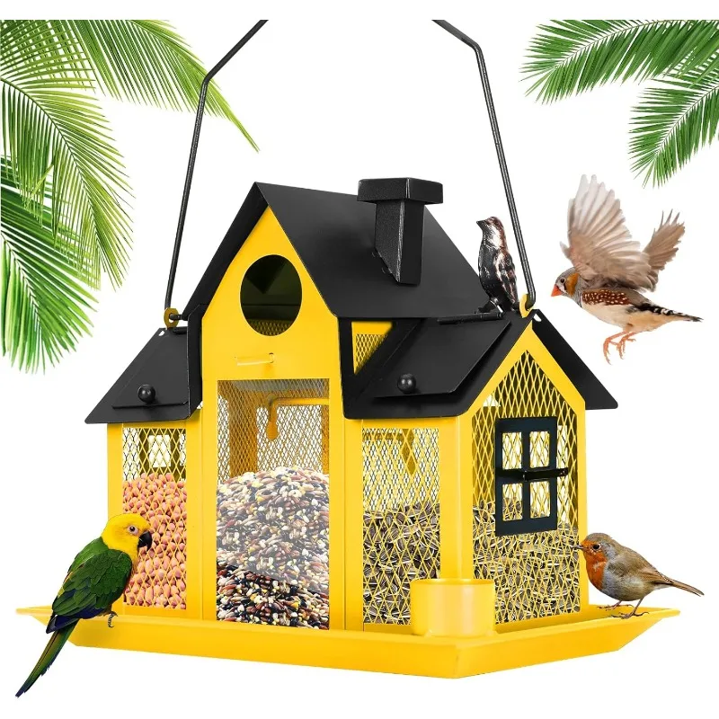 Solar Bird Feeders House for Outside Hanging, Metal Wild Bird Feeder for Outdoors Large Capacity Cardinal Birdfeeder Birdhouses