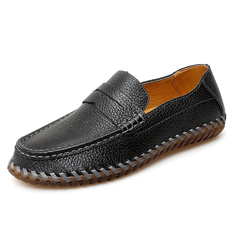 Sapatos casuais de couro genuíno masculino, de sola macia, antiderrapante, de sola plana, de escorregar, ao ar livre, verão