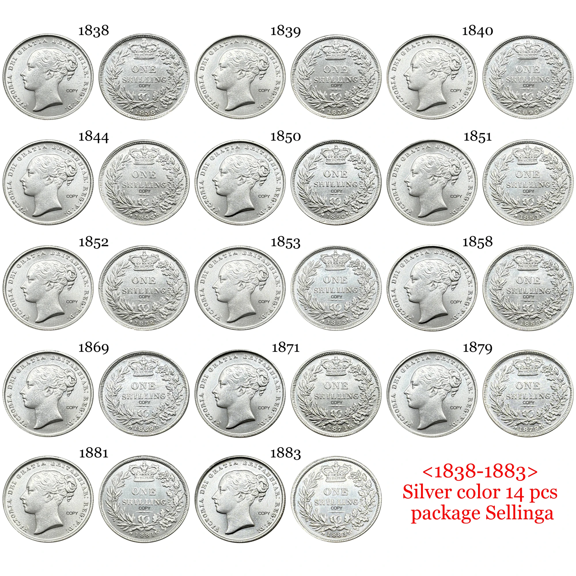 المملكة المتحدة 1838 - 1883 14 قطعة بيع 1 قطعة شيلينغ فيكتوريا البريطانية الفضة مطلي نسخة عملة Ww2 Moneda عملات قابلة للجمع #2
