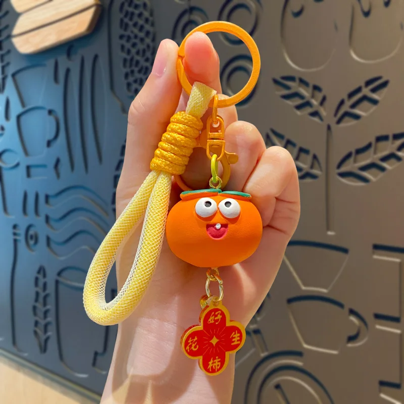 Cartoon Good Things Happen Persimmon Fruit Elf Doll Pendant Key Chain Cute Exophthalmos Peanut Green Hand String Buckle Keyring