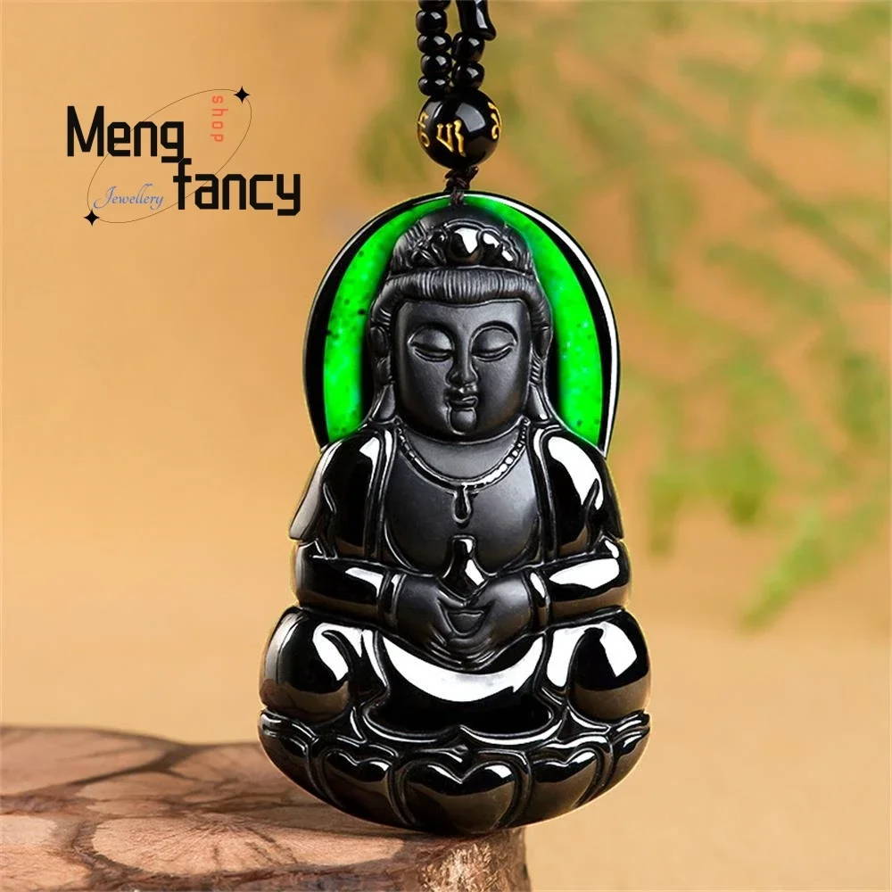 

Natural A-goods Jadeite Ink Jade Pure Bottle Guanyin Buddha Pendant Exquisite Carvings Buddhist Amulets Fashion Luxury Jewelry