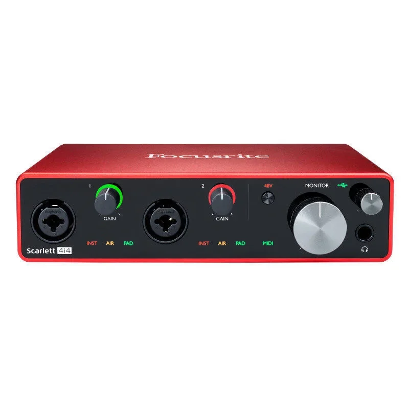 Kartu Suara Rekaman Focusrite Scarlett 4i4 Generasi ke-3 2025, 4 Input 4 Output, Antarmuka Audio USB, Kartu Suara untuk Rekaman Gitar Bass