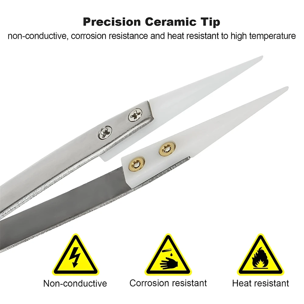 1/3PCS Ceramic Straight Tip Electronic Soldering Tweezers, Anti-Static Reverse Acid Resistant Precision Chuck Ceramic Tweezers