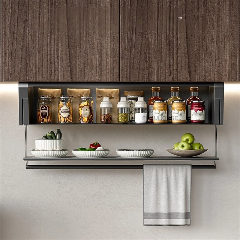 Aluminum Alloy Pull-Down Hanging Cabinet Storage Basket Kitchen Dish Bowl Spice Pull Out Organizer for Upper Cabinet