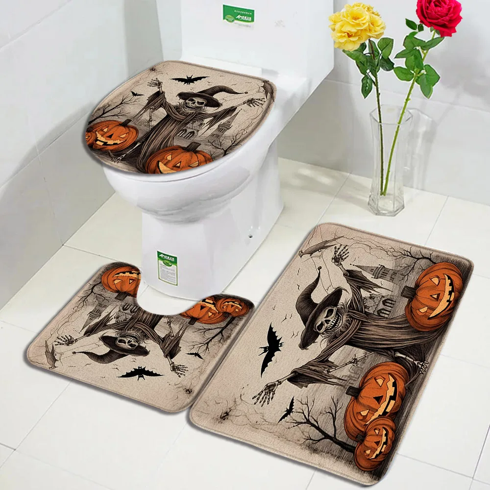 Halloween Bath Mat Set Pumpkin Lights Cute Cat Floral Skull Skeleton Home Carpet Bathroom Decorative Floor Rugs Toilet Lid Cover