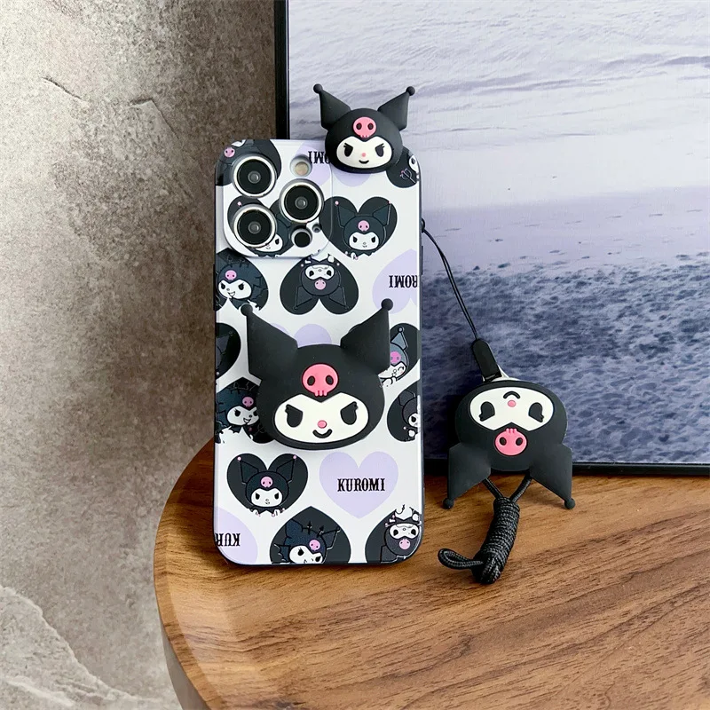 Funda de teléfono con cordón y soporte Kuromi de dibujos animados Kawaii 3D para iPhone 16 15 14 13 12 mini 11 Pro Max XS X XR 7 8 Plus, funda a prueba de golpes
