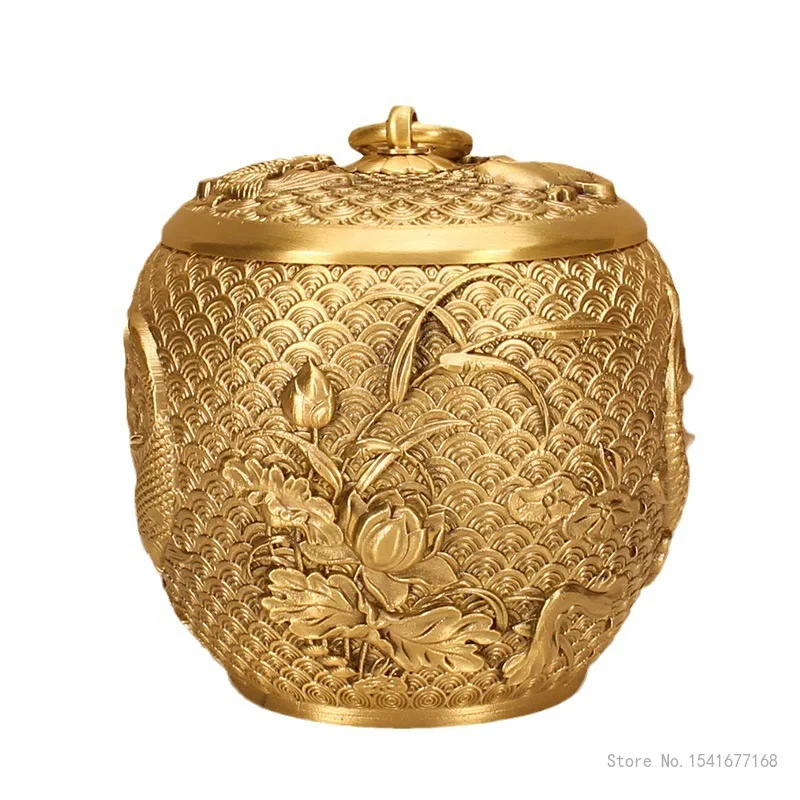 Chinese Brass Carp Pattern Sealed Tea Can Portable Travel Mini Storage Home Furnishings Office Tabletop Decor Copper Tea Box 1Pc