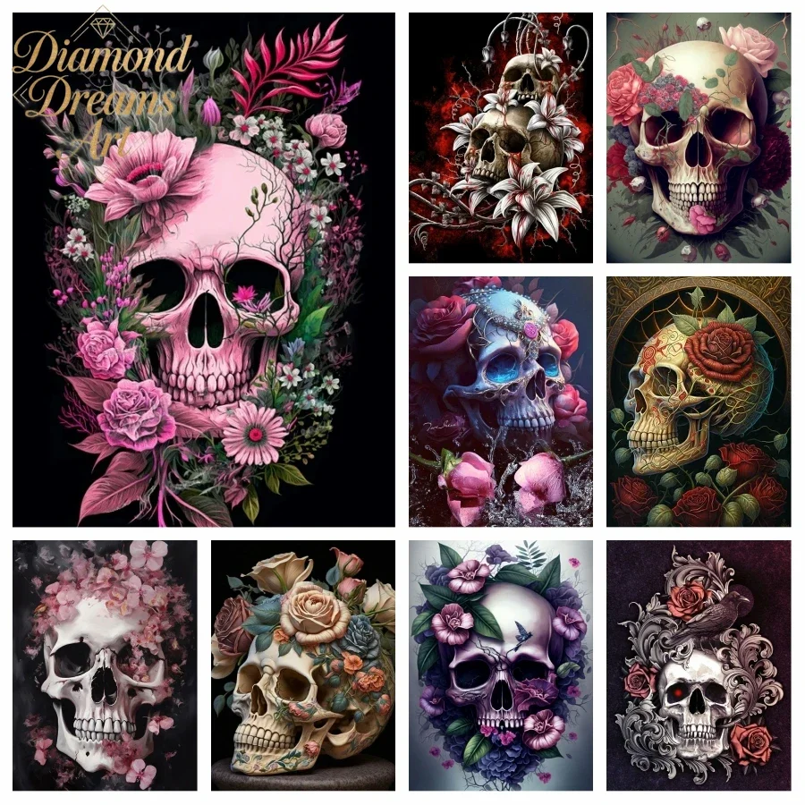 Frameless,Halloween Skull Diamond Painting Art Mexican Day Of The Dead Horror Death Skeleton Rose Crystal Cross Stitch Decor