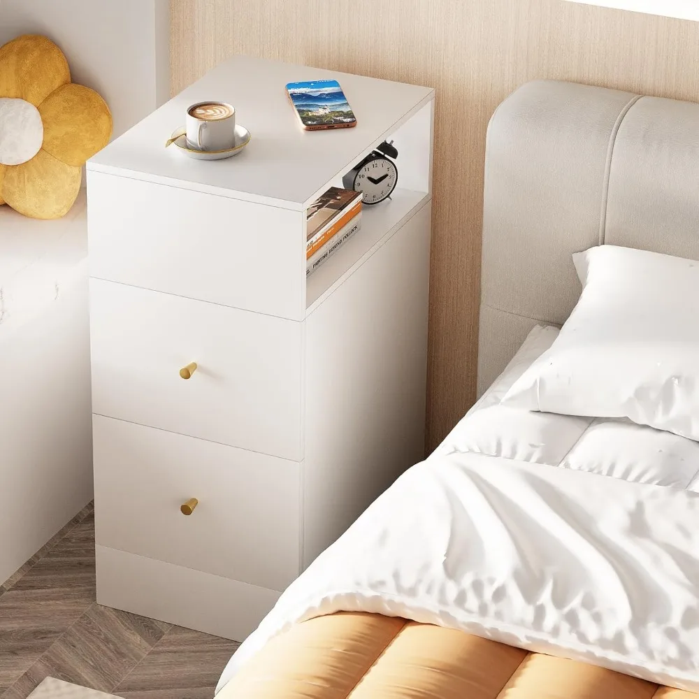 

Bedroom Bedside Table 3 Tiers Modern Night Table for Bedroom Storage Furniture (Right Angle) White Nightstand With Two Drawers