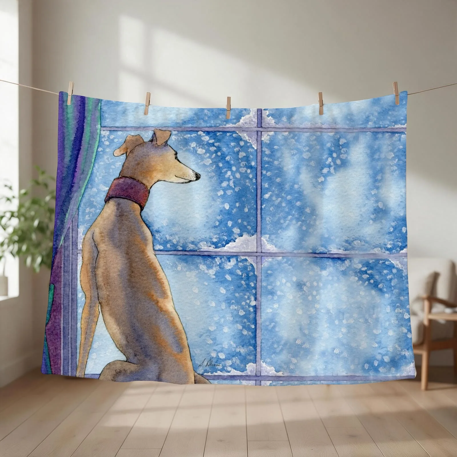 Greyhound dog sits in the warm watching the snow fall outside Throw Blanket Bed Fashionable Camping Soft Big manga Blankets