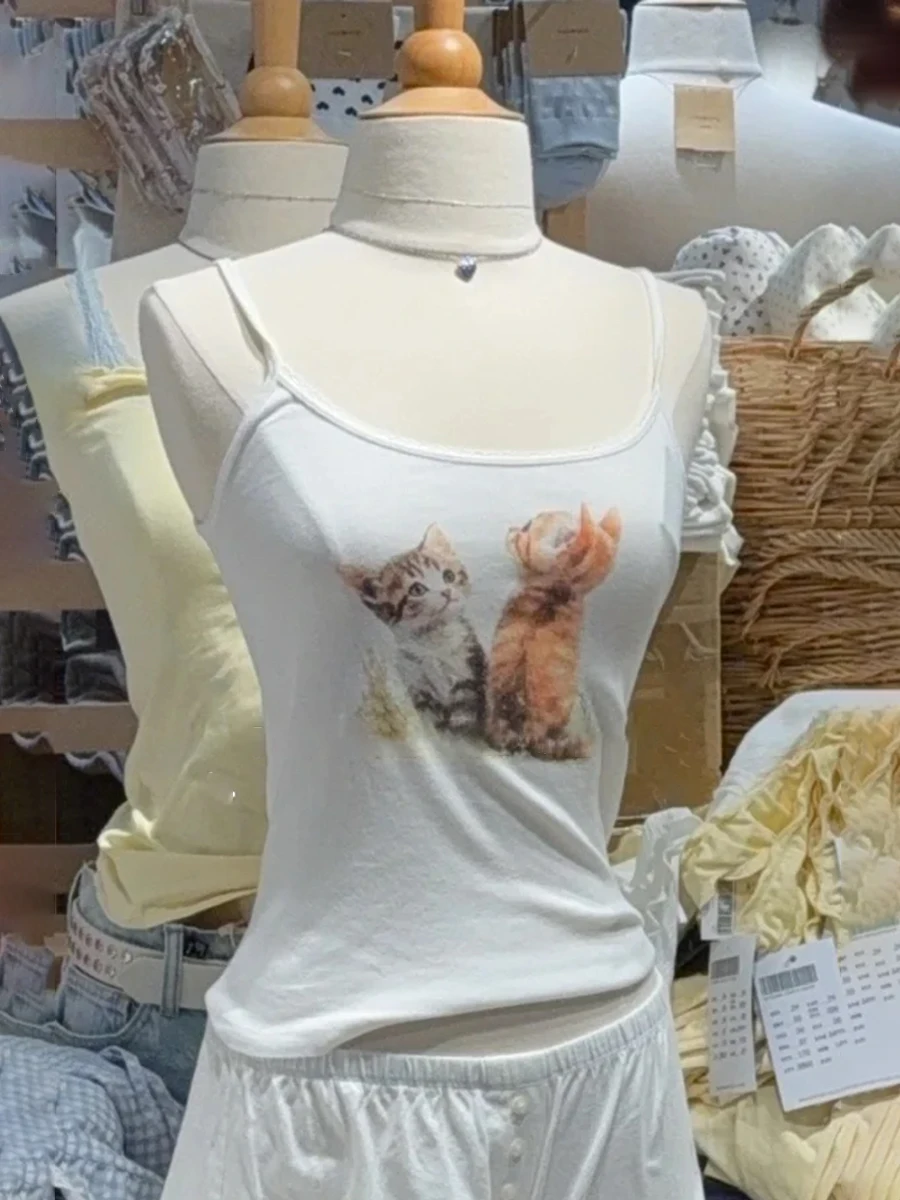 

Cartoon Cat Print White Tank Tops Summer New Lace Trim Cotton Sleeveless Slim Crop Top Woman Preppy Style Casual Sweet Camisole