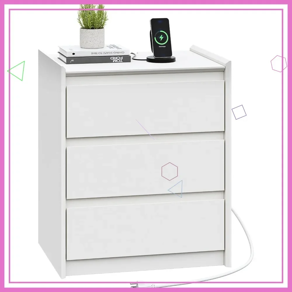 Mesa de Cabeceira Moderna Branca com Estação de Carregamento, 3 Gavetas e Bandeja Superior para Quarto