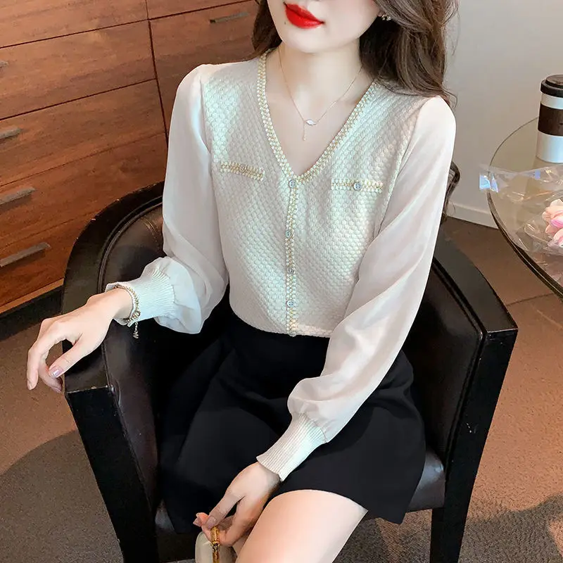 Autumn New Elegant Fashion Office Lady Glamorous Minimalist Chic Shirt Commuter Women V Neck Button Long Sleeve Loose Casual Top