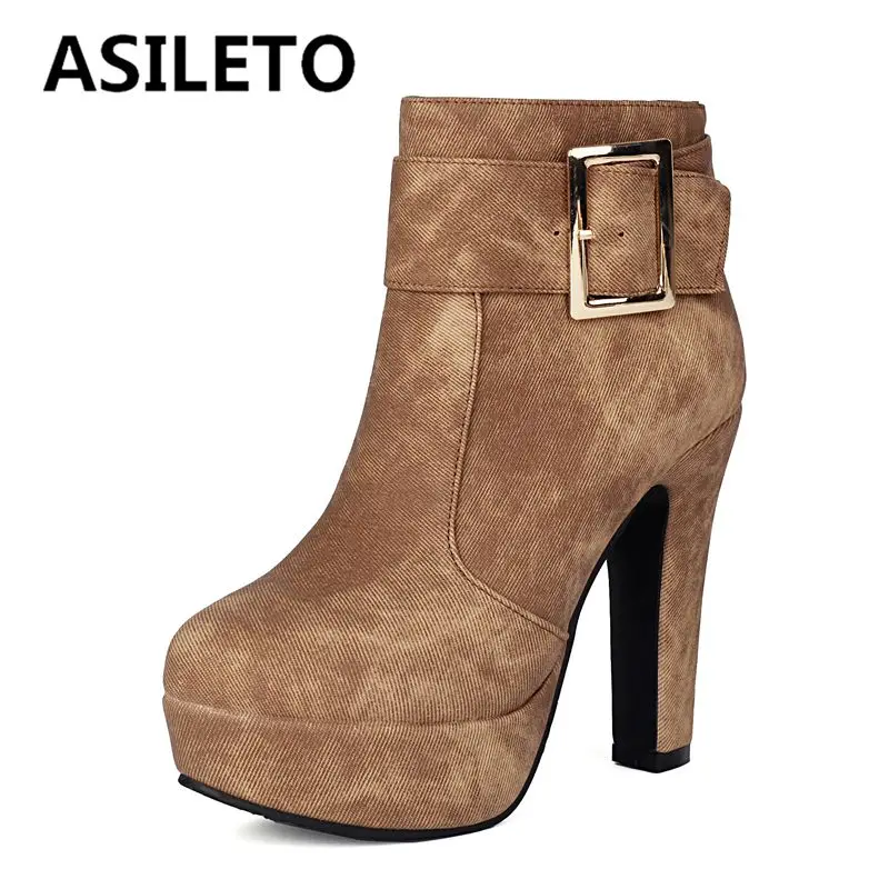 ASILETO 2024 Fashion Ankle Boots Round Toe Chunky Heels 11.5cm Platform 3cm Zipper Belt Buckle Big Size 42 43 Sexy Party Bota