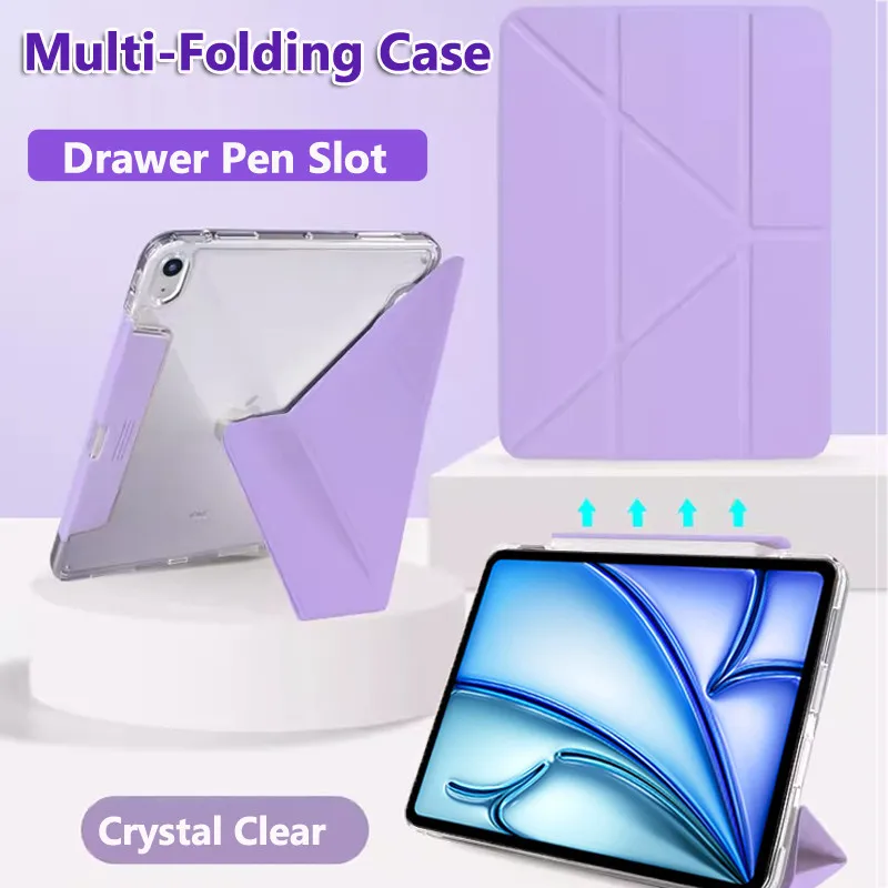 

Case for IPad Pro 13 2024 7th Pro 11 12.9 Air 5 4 10.2 9th 8th 7 10th 10.9 Crystal Multi Folding Cover with Push-pull Pen Slot