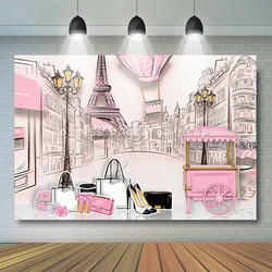 Paris Street Shop Background Hot Balloons High Heel Girl Kids Cake Smash Props Women Birthday Decor Photography Backdrop