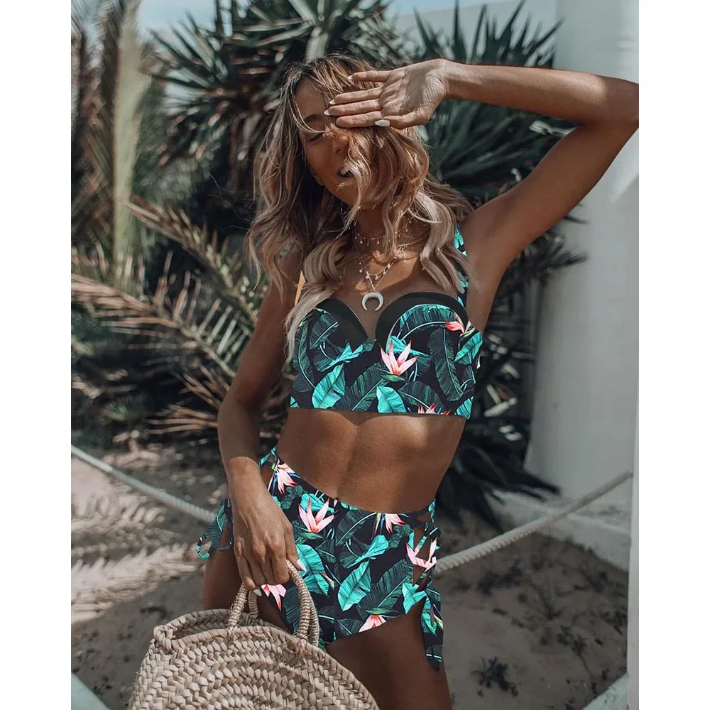 High Waist Swimwear 2024 New Leaf Print Bikinis Women Swimsuit Vintage Retro Bathing Suit Halter Biquini Maillot de bain femme