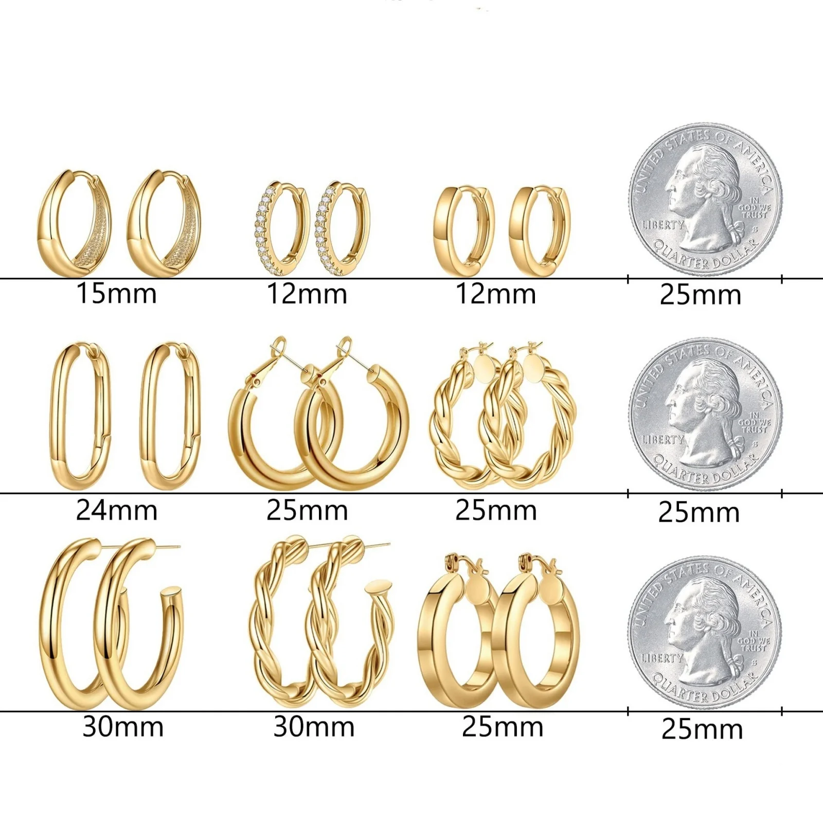 9Pairs/Set Simple Stylish Brass Hoop Earrings Set Multicolor Round Oval Shaped Statement Earrings Set For Women Party Jewelry