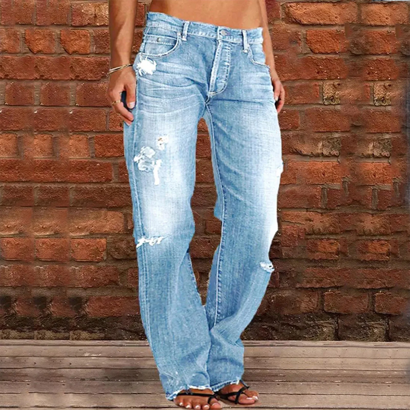 Straight Leg Jeans For Women Loose Ripped Hem Low Waisted Lady Ripped Retrostyle Casual Denim Pants