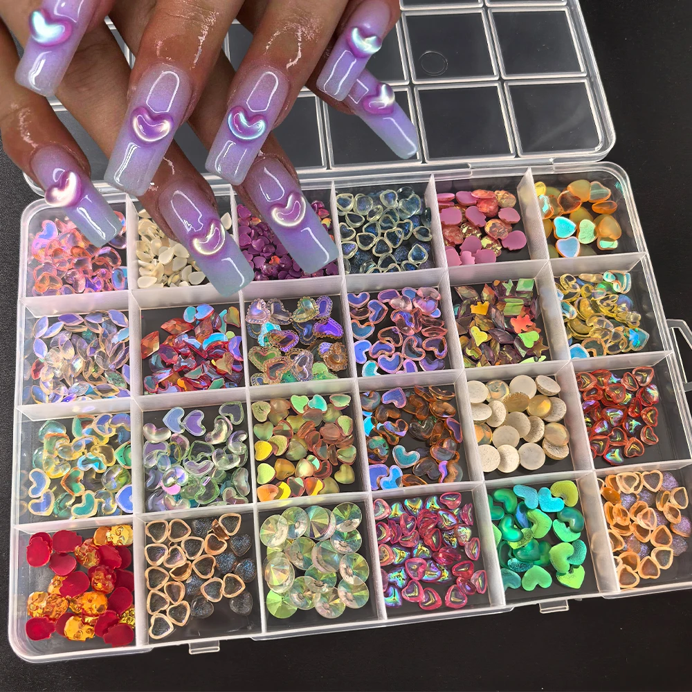 

24 сетки, переливающиеся Авроры, сердце любви, подвески для дизайна ногтей, 3D микс, красочные сердечки для ногтей, стразы, каваи, аксессуары для ногтей «сделай сам», поставки