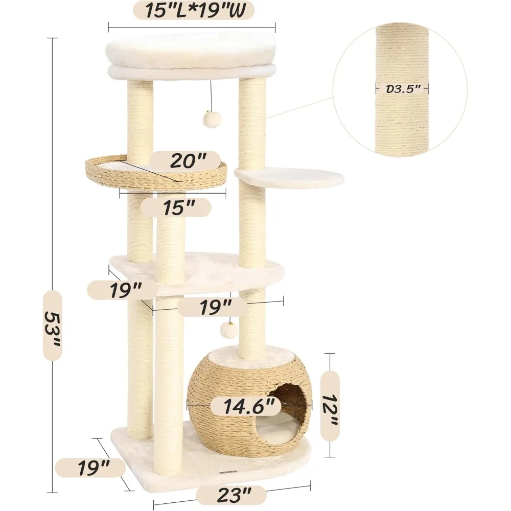 53-inch-tall indoor cat tree with natural sisal scratching posts, hand-woven apartments and top perches