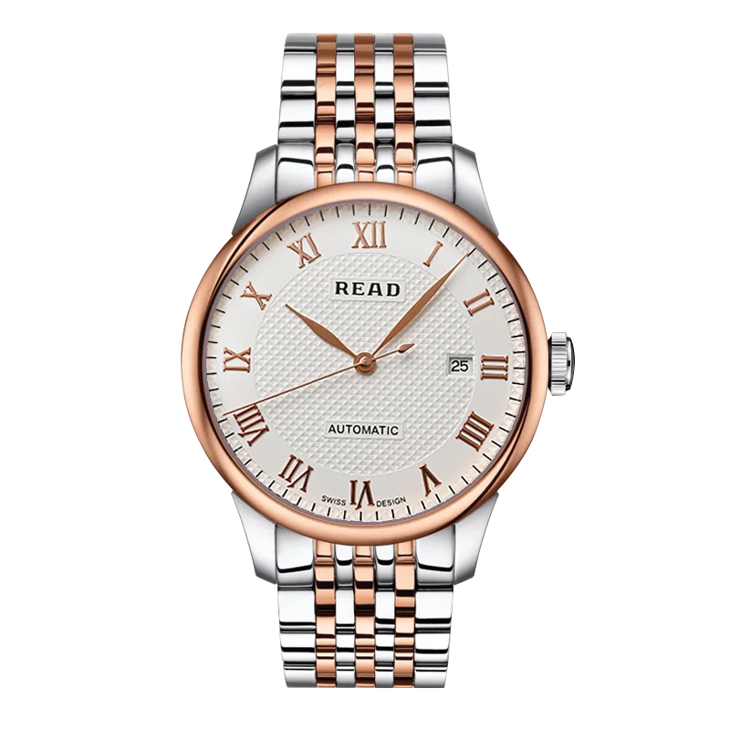 READ Men Automatic Watch | Two‑Tone Steel Bracelet | Roman Numeral White Dial With Date | Sapphire Glass | 50M Water Resistant