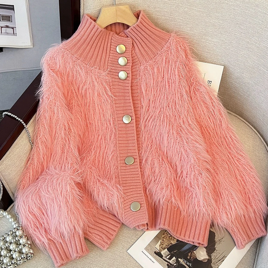 Autumn Winter Thicken Stand Collar Cardigan Coat Women Solid Color Loose Office Lady Coat 2023 Imitation Mink Fleece Button Coat