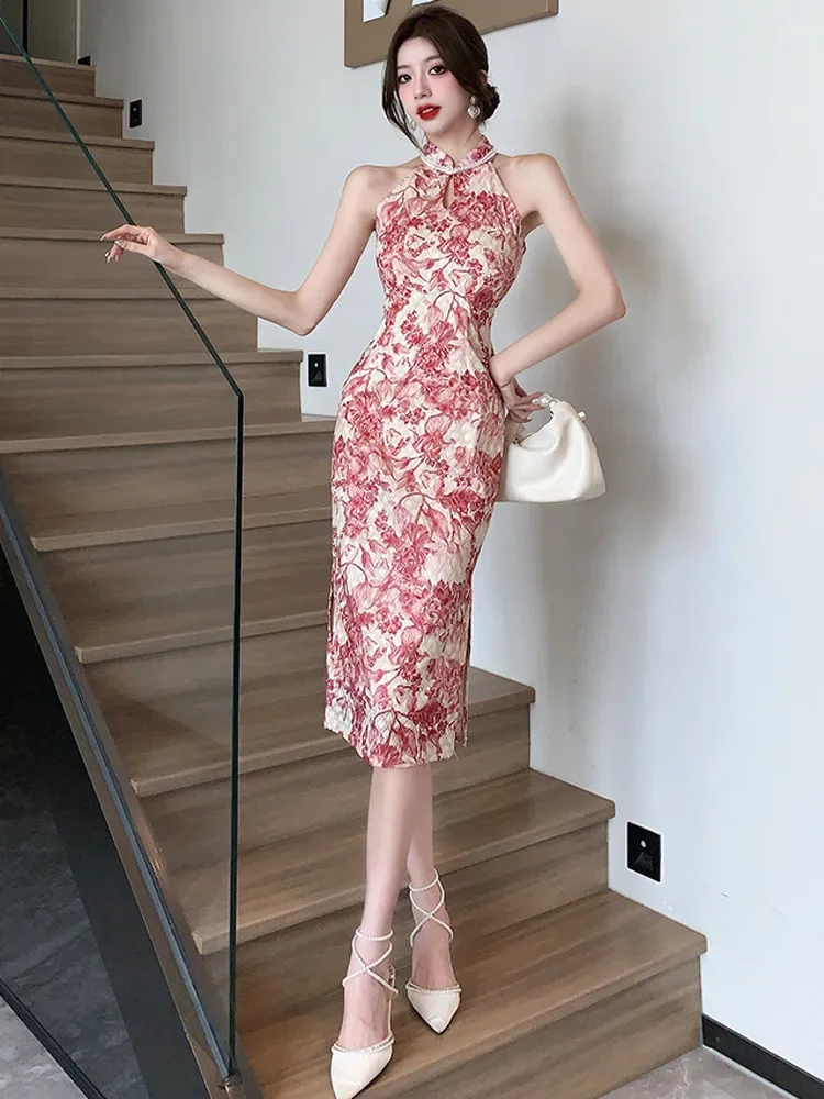Gaun Belah Tanpa Lengan Seksi Musim Panas Cheongsam Kerah Mandarin Tradisional Tiongkok Qipao Panjang Gambar Cetak Wanita Merah Vestidos Elegan