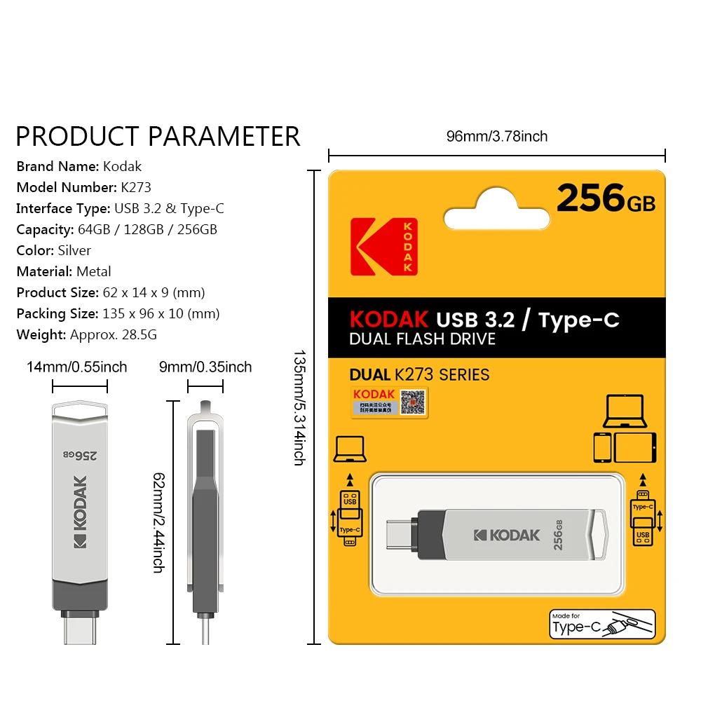 Kodak k273 USB-Flash-Laufwerk Metall USB 3,2 Pen drive 64GB 128GB 256GB MB/s Typ C otg Landyard für Schlüssel cle USB für Smartphone