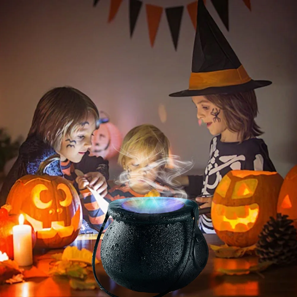 Halloween Witch Cauldron Fog Maker 6 LED Lights Water Fountain Mist Maker Color Changing for Halloween Decorative Prop