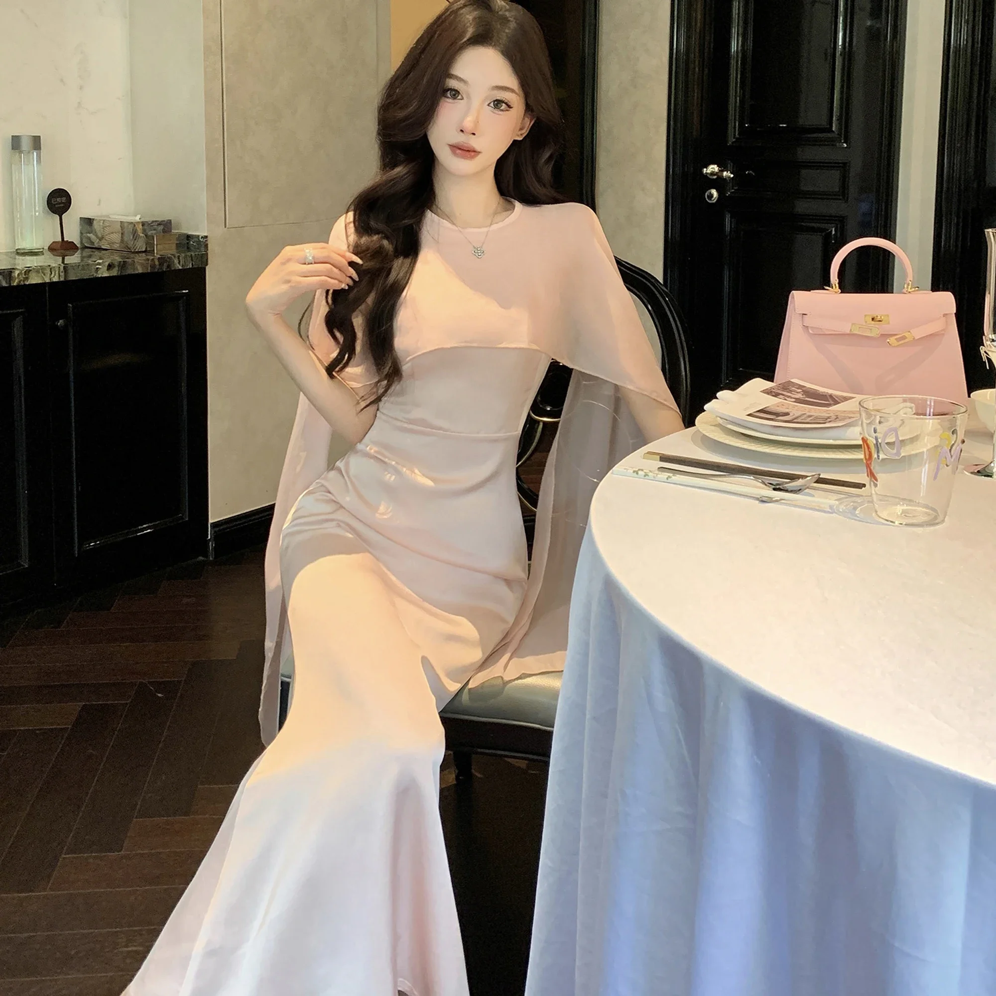 Ofallsis Acetic Acid Satin Simple Slimming Ribbon Dress 2024 Summer New Sweet Fairy Vacation Beach Banquet Gentle Long Dresses