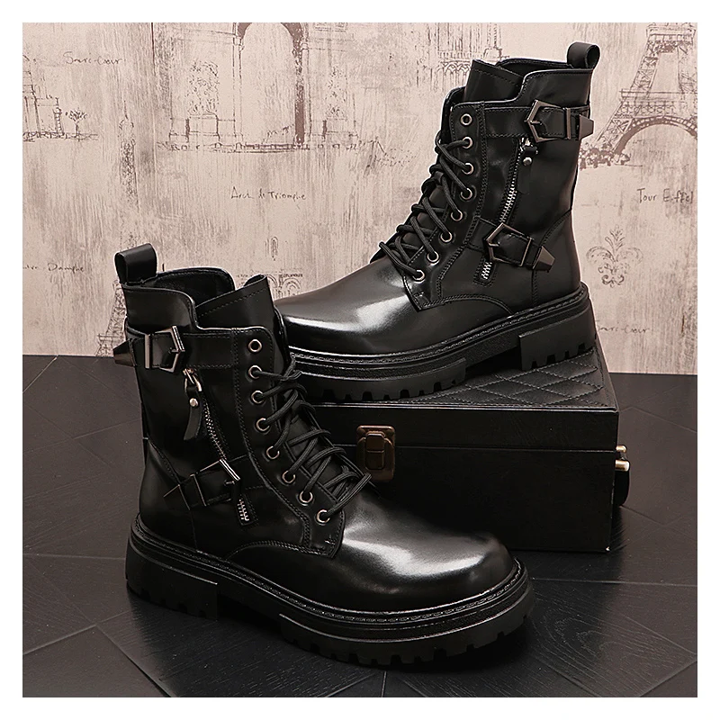 

mens casual stage nightclub platform boots black trendy genuine leather shoes cowboy high boot autumn winter motorcycle botas