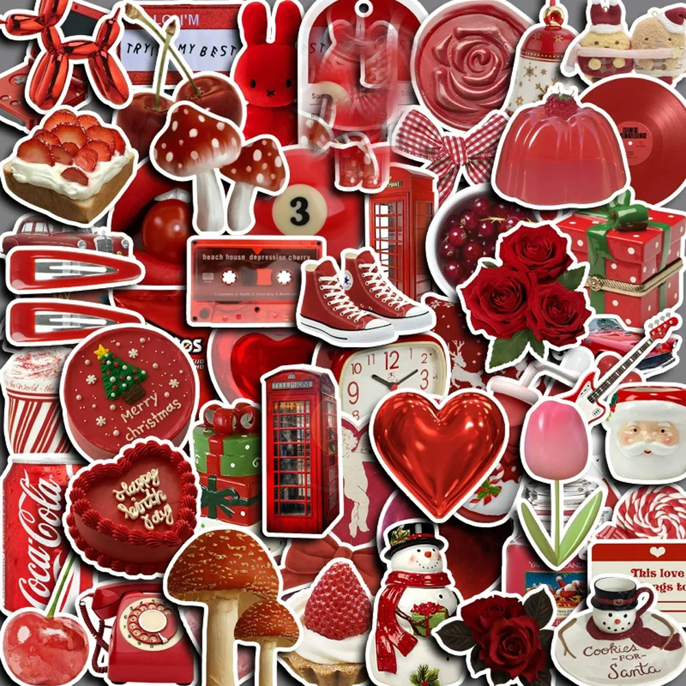 

10/30/60Pcs Retro Red Waterproof Graffiti Sticker Aesthetic Decorative Luggage Cup Guitar Laptop Phone Notebook Kids Stickers