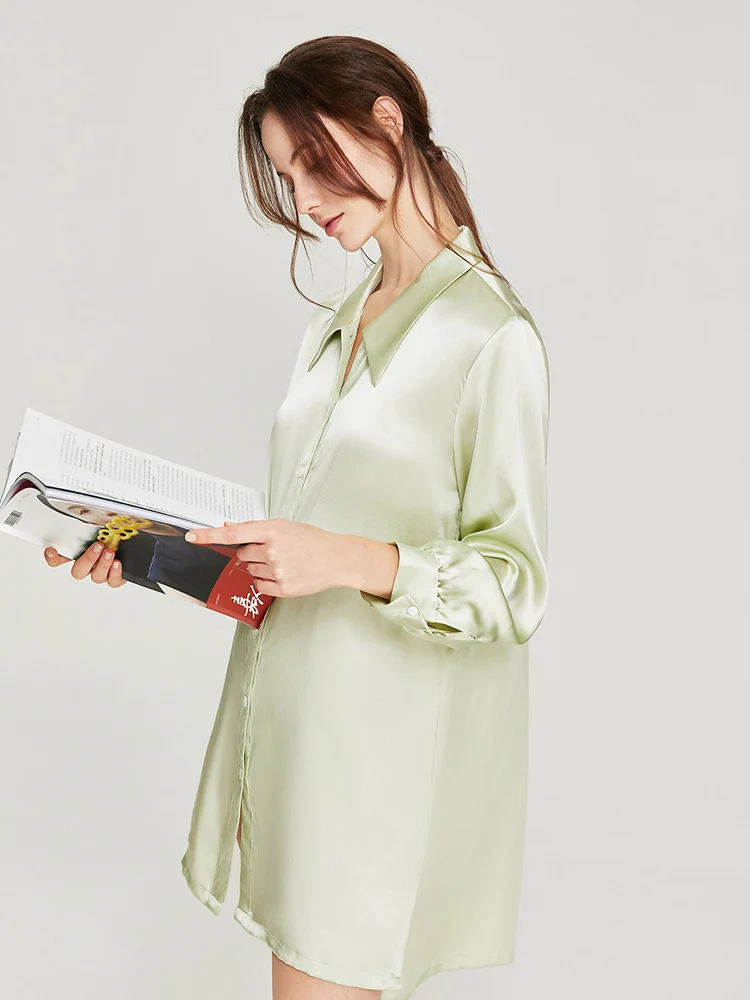 SuyaDream Women Solid Shirts, 19mm 100%Real Silk, Turn Down Collar Long Blouses, 2024 Spring Summer, Casual Mini Dress