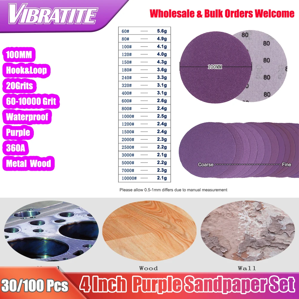 30/100Pcs 4 Inch 100mm Purple Hook & Loop Sanding Discs 60#-10000# Waterproof Sandpaper Pads for Metal Wood Car Auto Body