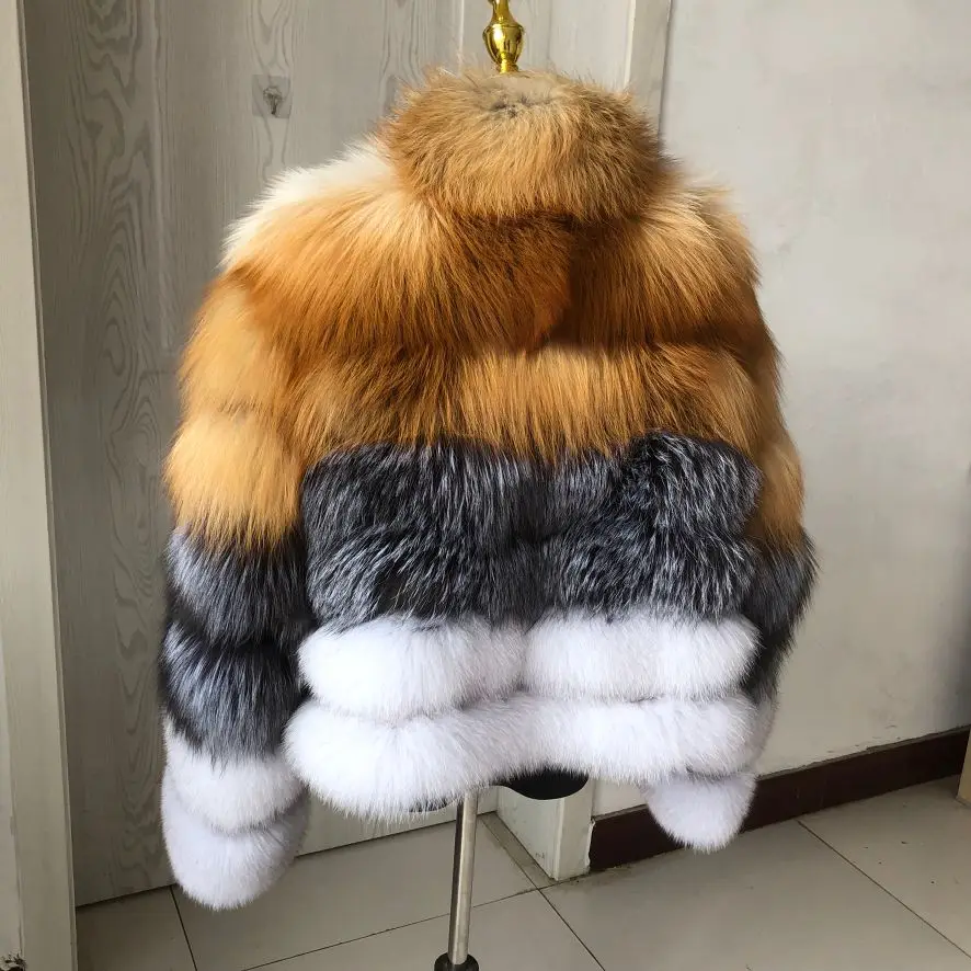 Women\'s Fall Winter Luxury Natural Fur Coat Ladies Fashion Real Fox Fur and Red Fox Silver Fox Fur Mixed High Quality Fur Jacket