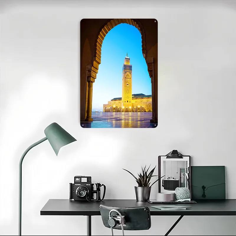 مسجد المغرب أفق المدينة الألومنيوم معدن المشارك خمر عناصر ديكور المنزل علامات معدنية مخصصة للجدار الفن الديكور رجل الكهف