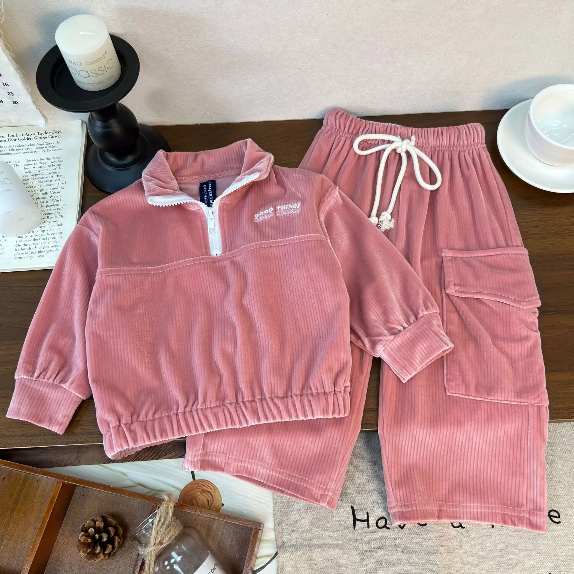 2026 Winter New Children Thick Warm Corduroy Clothes Set Boys Girls Letter Sweatshirt + Cargo Pants 2pcs Suit Toddler Outfits