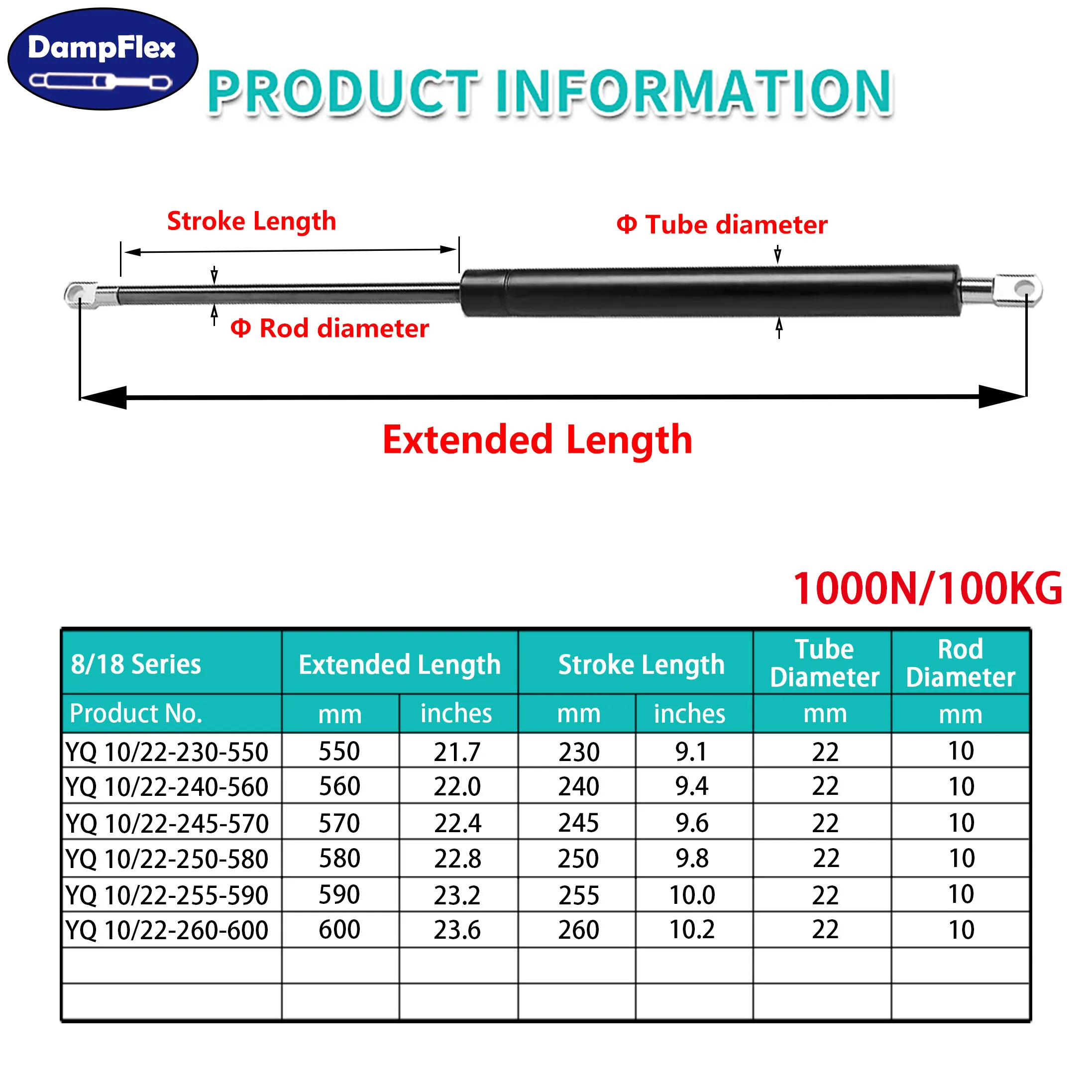 1PC 1000N 550-600mm Universal Gas Struts Eyelets Endings Lift Support Storage RV Bed Lift Support Car Shock Absorbers Gas Spring