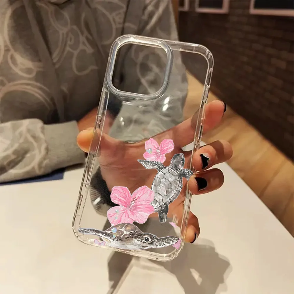 

A Clear Phone Case Floral Design with Pink Hibiscus And Sea Turtles Cover For iPhone 16 Pro Max 15 14 13 12 11 XS X XR 7 8 Plus